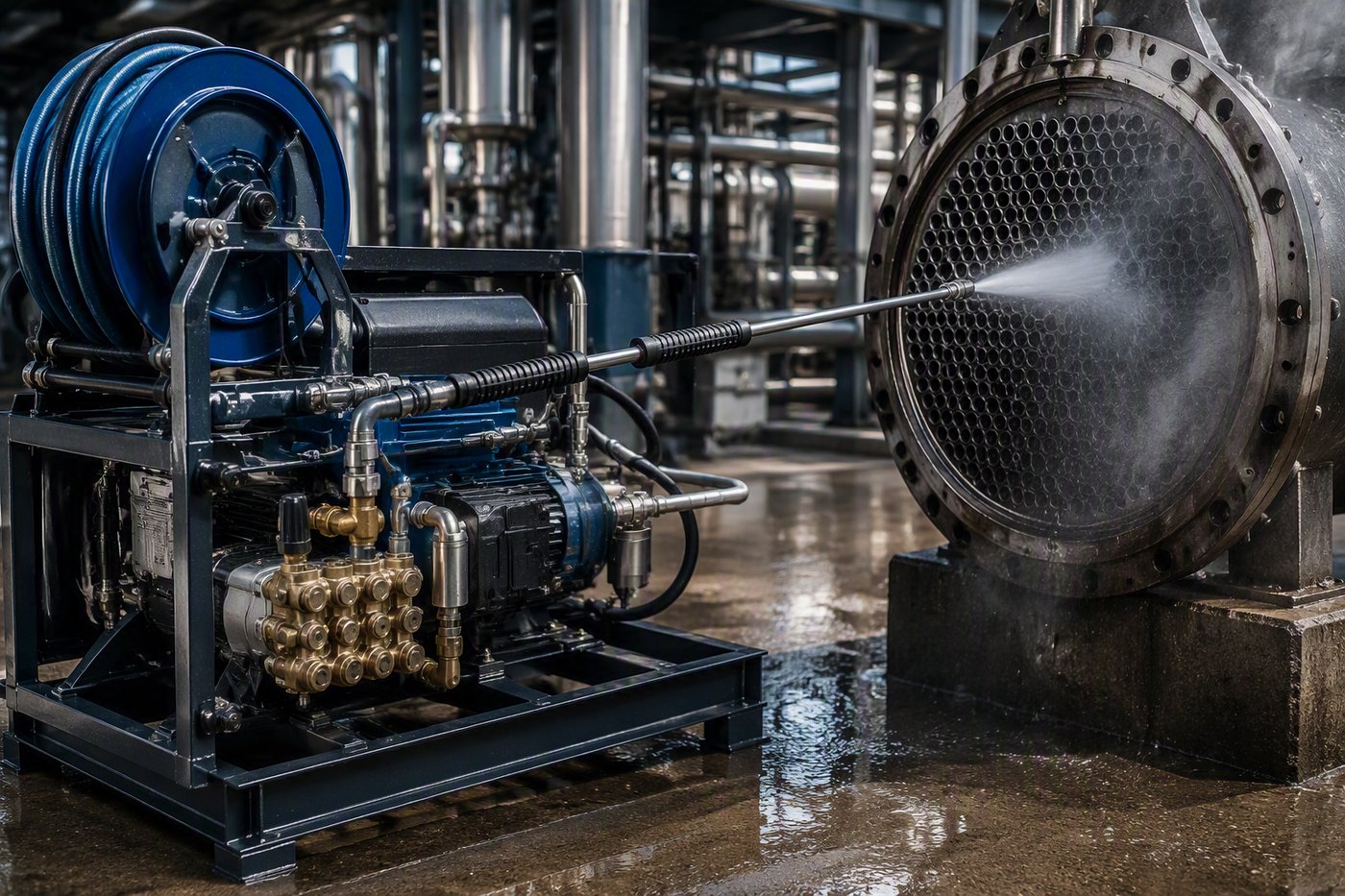 Equipo de agua a alta presión limpiando un intercambiador de calor