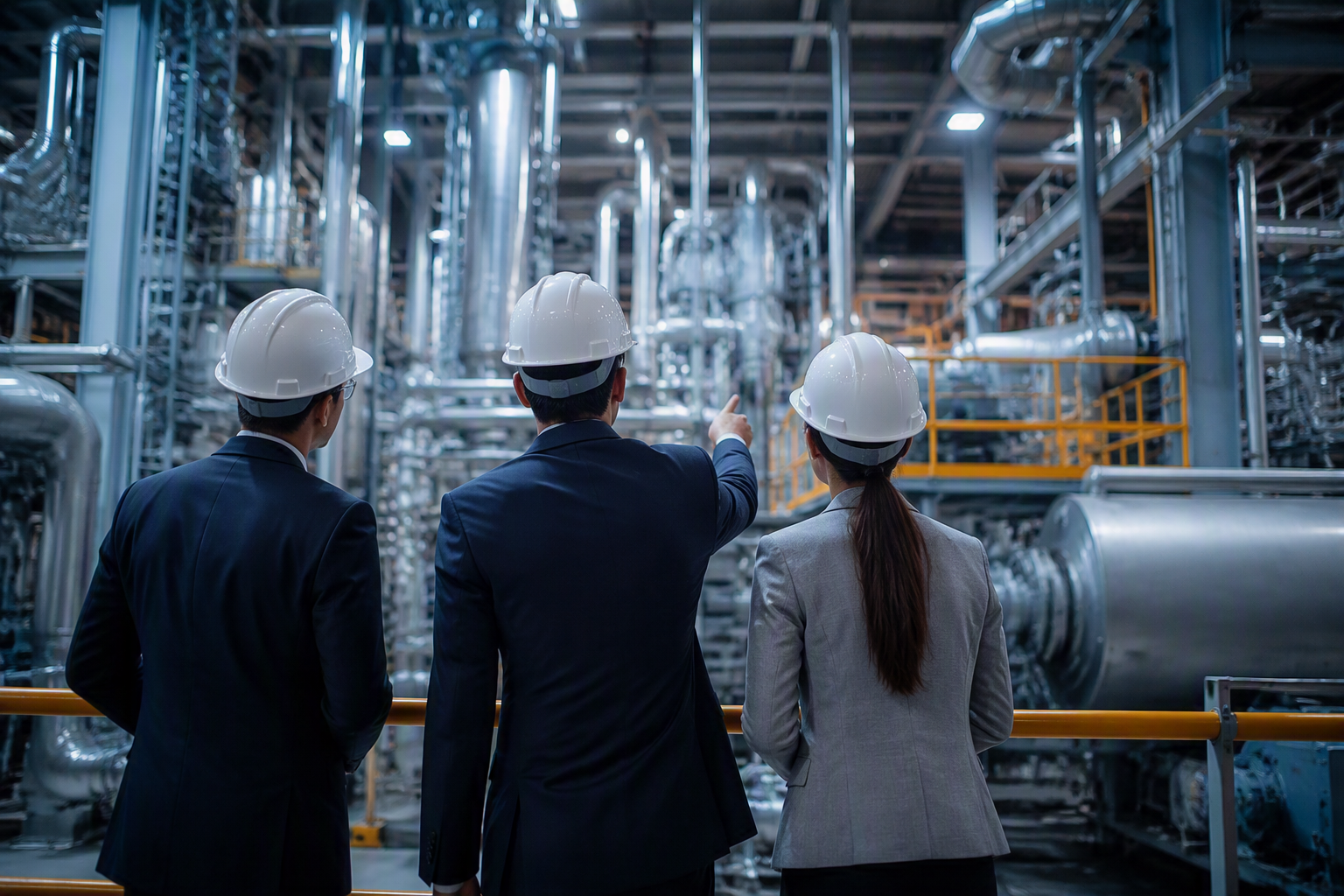 Equipo técnico inspeccionando instalaciones industriales